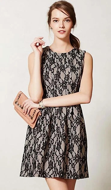 ANTHROPOLOGIE HD in Paris Violante Dress Sz L Black Nude Stretch Lace Cocktails
