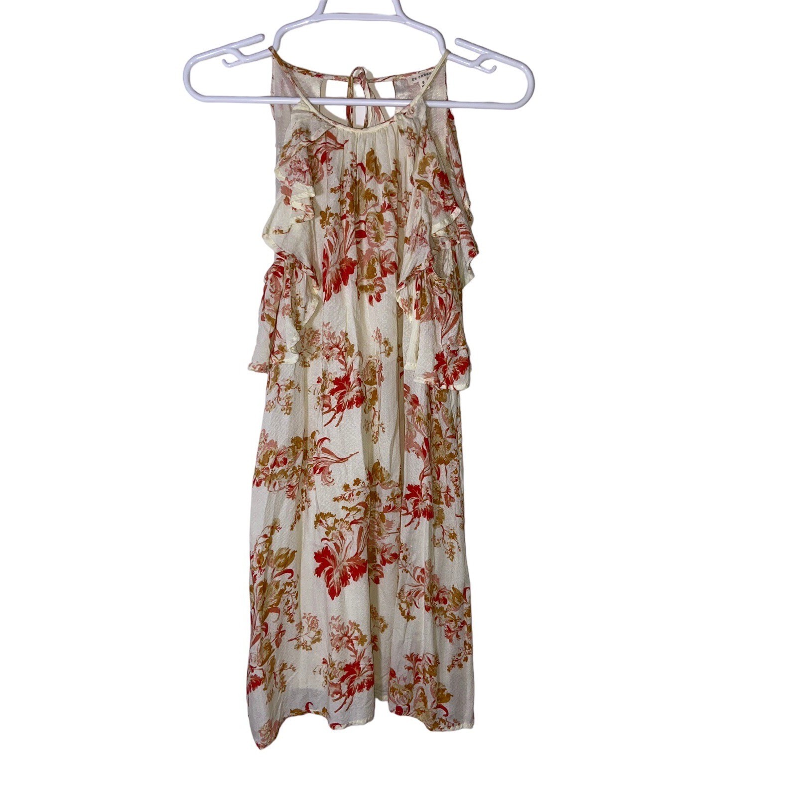 En Creme Floral Cold Shoulder Ruffle Mini Dress Boho Cottagecore Romantic Size S