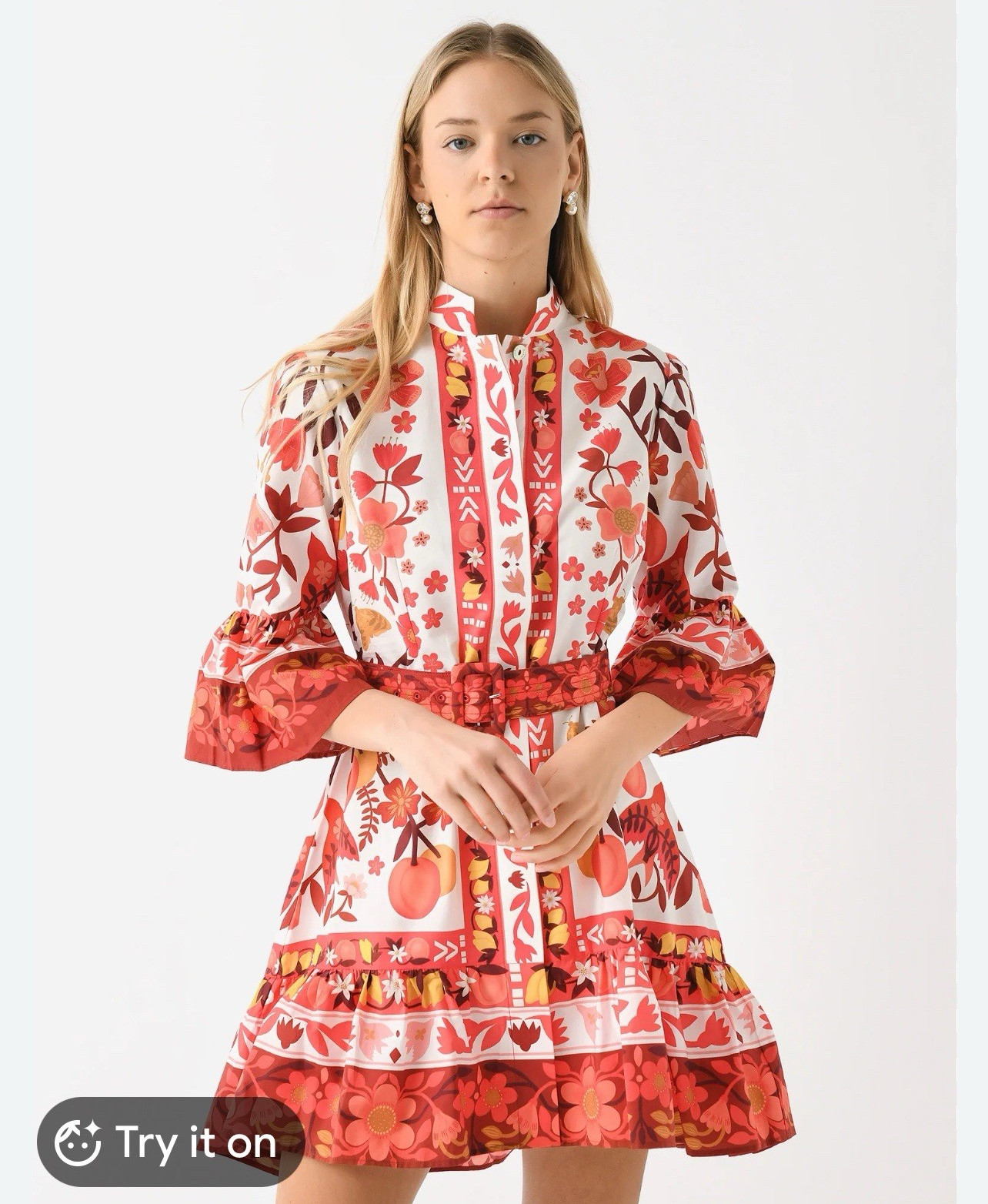FARM Rio Floral Shirt Dress Fit & Flare Belted Ruffle Button Collared S