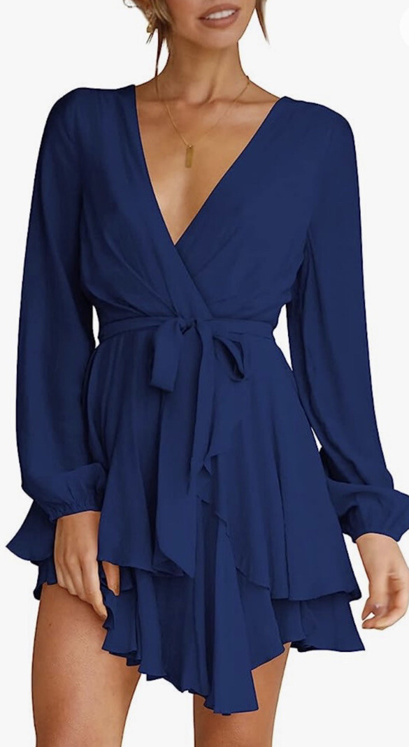 Cosonsen Navy Size XL V Neck Back ZIp Belt Tie Swing Mini Skater Dress Tiered