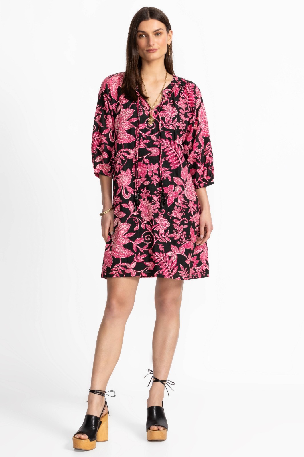 $248 JOHNNY WAS SZ L ALYCIA BEADED TASSEL DRESS LEAF PRINT w/ SLIP B:43″ L:39″