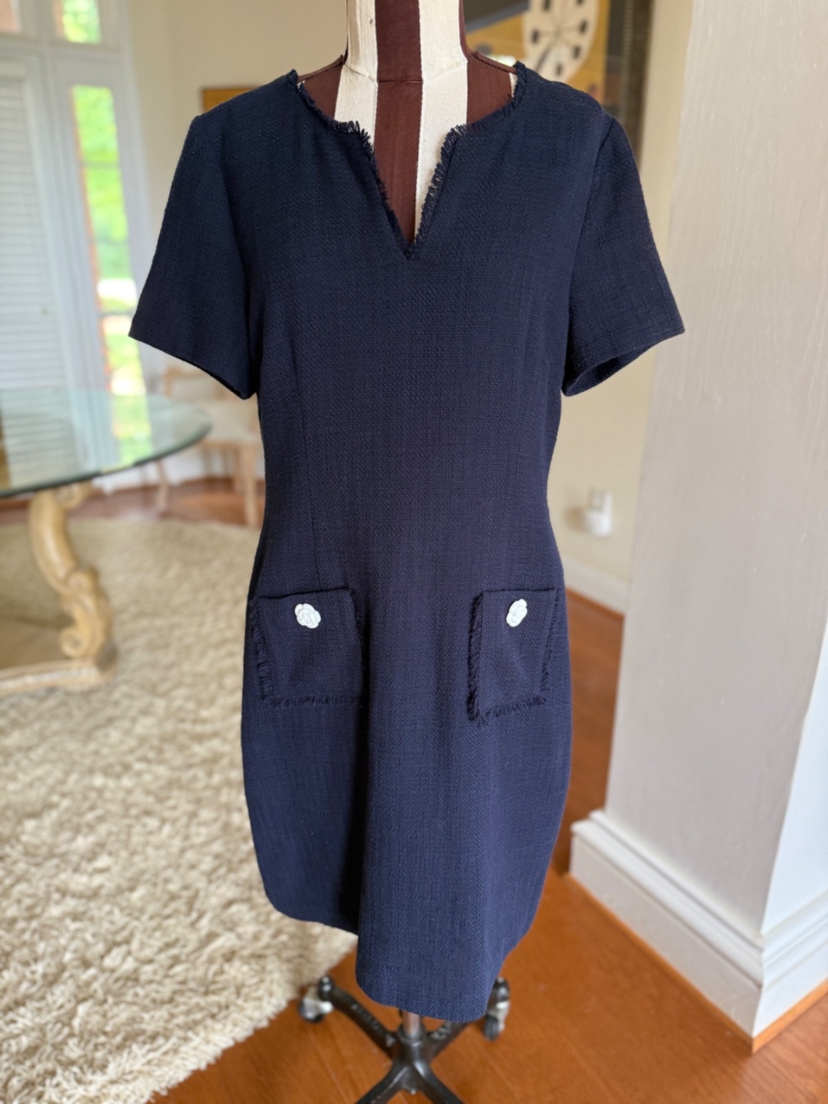 Karl Lagerfeld Navy Blue Tweed Sheath Shift Dress Pockets Rosette Buttons Sz 12