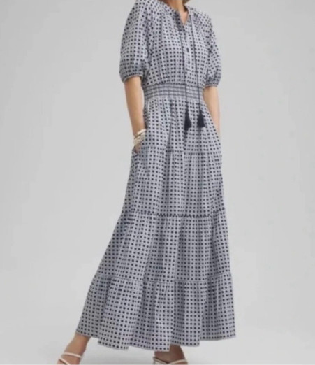 Chicos Navy White Geometric Cane Basketweave Tiered Midi Dress Smocked 00 Sz 2