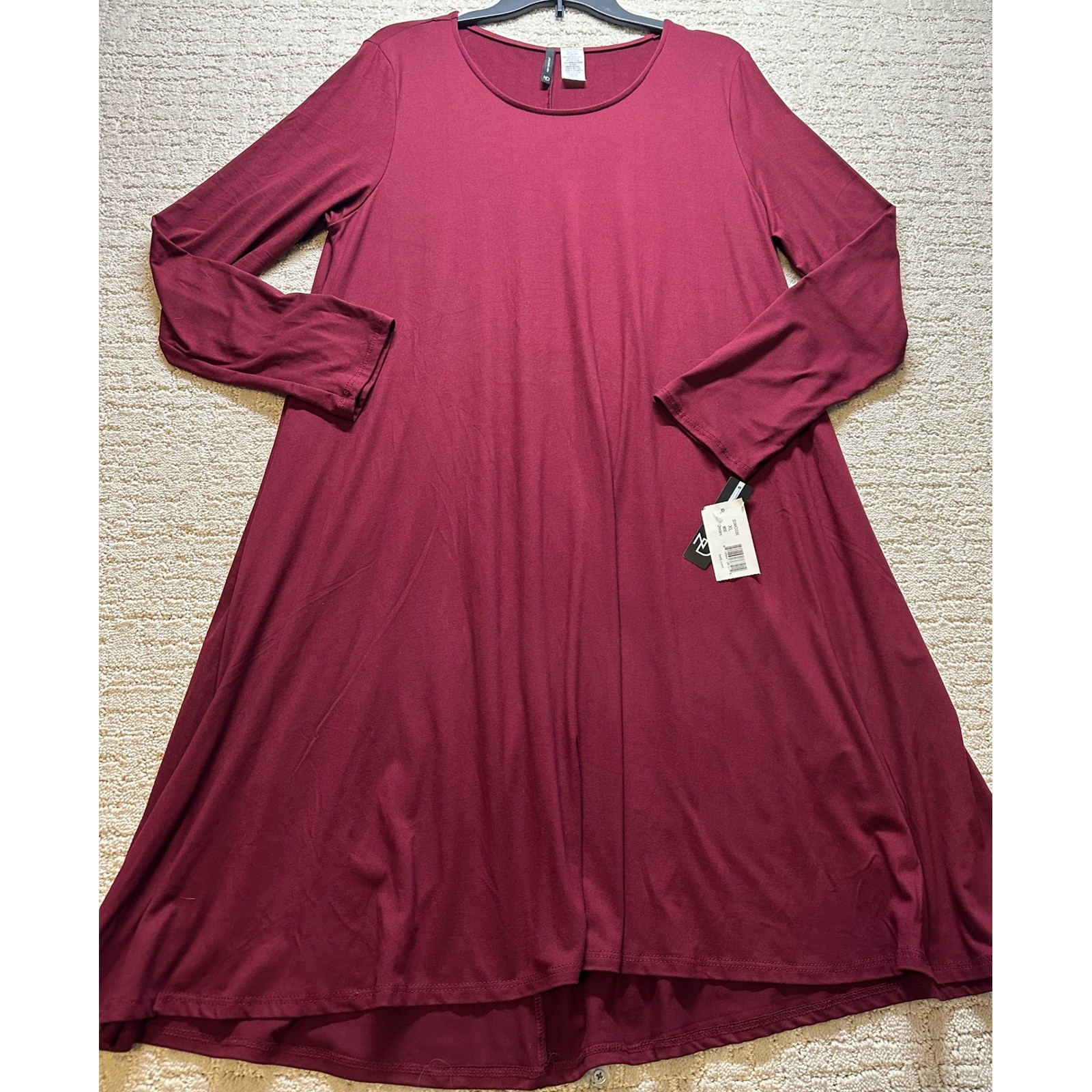 Womens Burgundy Swing Dress XL Long Sleeve A-Line Flowy Tunic NWT Soft Casual