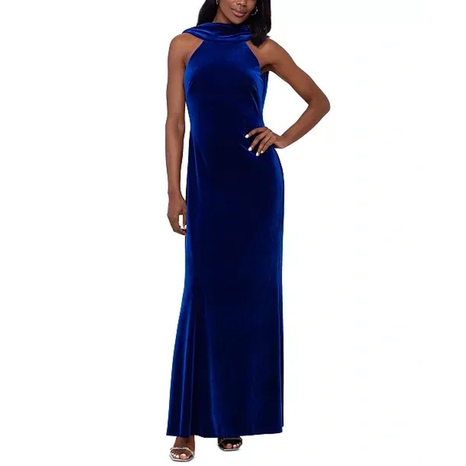 Betsy & Adam Dress Womens 8 Blue High Neck Sleeveless Velvet Gown Formal Evening