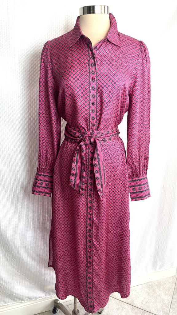 VINEYARD VINE NWT Size M Pink Silk Twill Diamond Border Belted Midi Shirt Dress