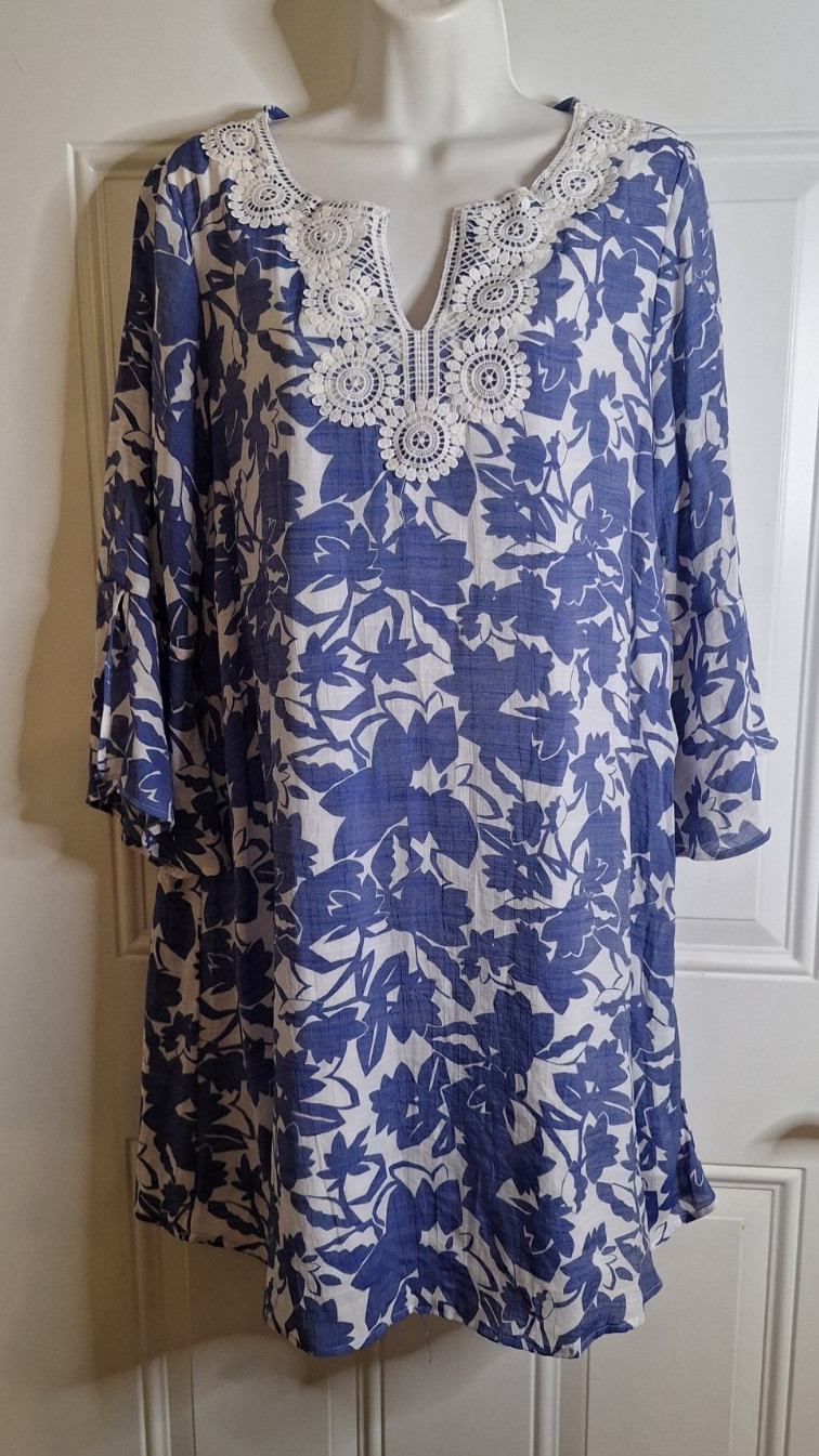 Robert Louis Blue & White Flare Sleeve Lined Tunic Dress Lace Trim V-Neck Small