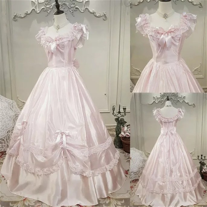 Vintage Light Pink Wedding Dress Satin Covered Sleeve A-Line Ruffle Bridal Gowns