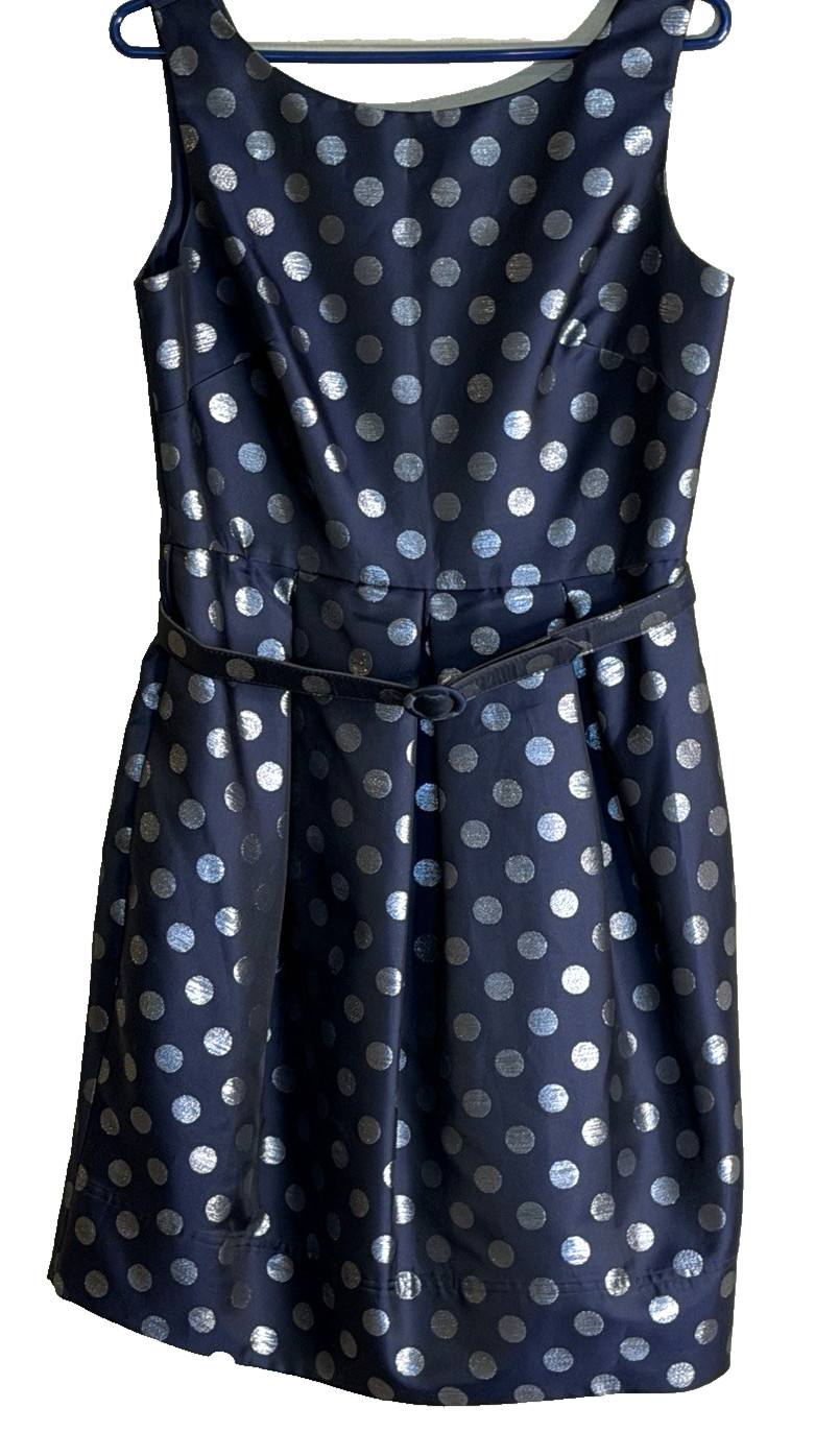 Eliza J Black Silver Metallic Polka Dot Fit and Flare Cocktail Dress Belt Sz 10