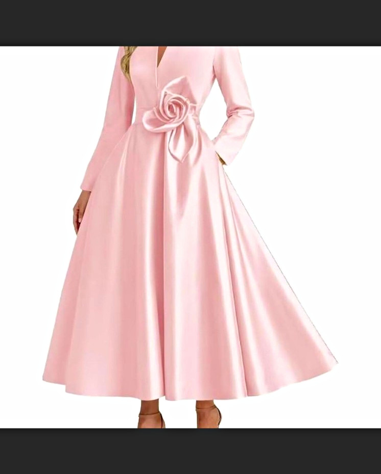 Amazon blush Satin Bridal Sz 12/14 Long Sleeve V-Neck Rosette Accent w/pockets