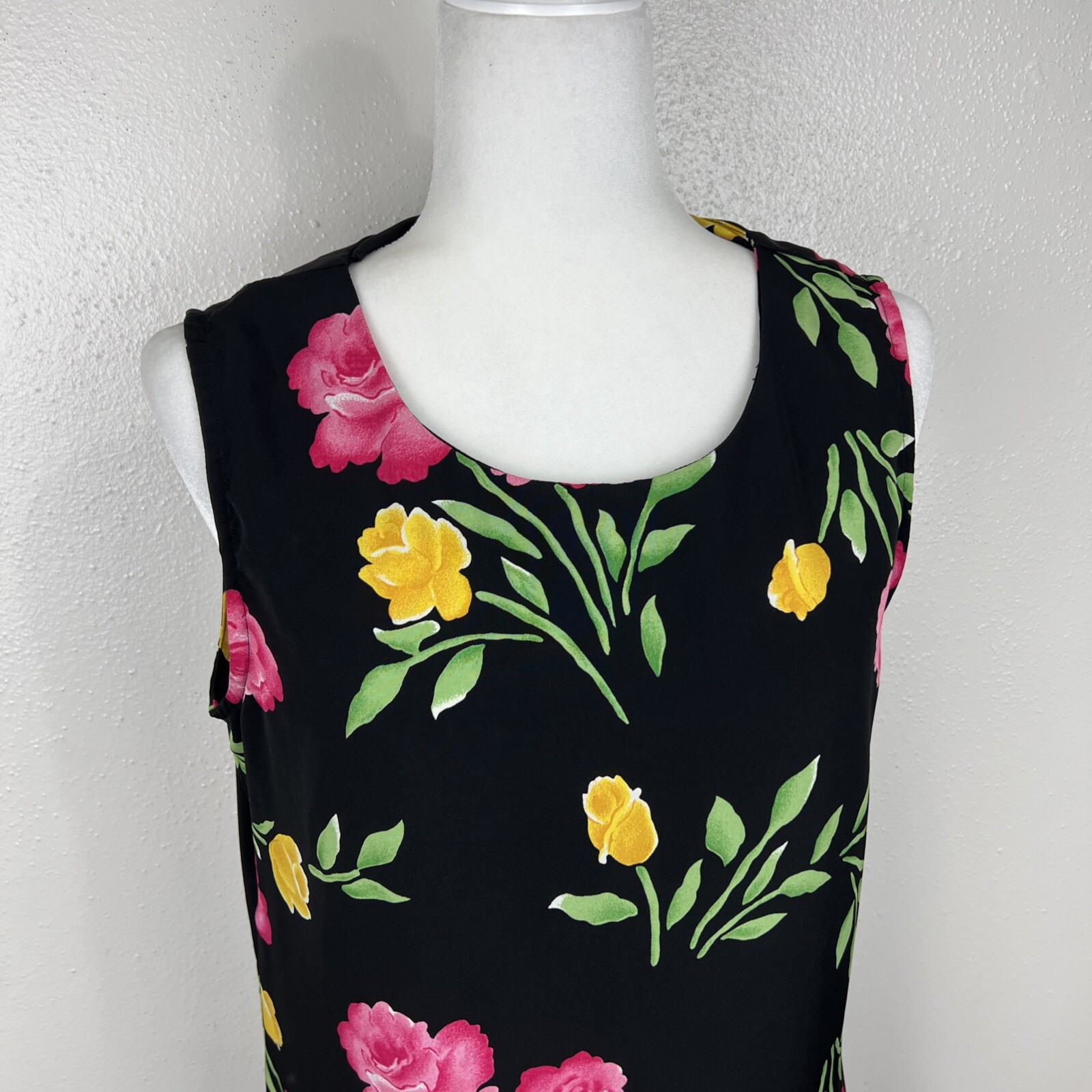 Vintage Kathie Lee Collection Dress Women 12 Black Pink Flora Sheath A-Line Maxi