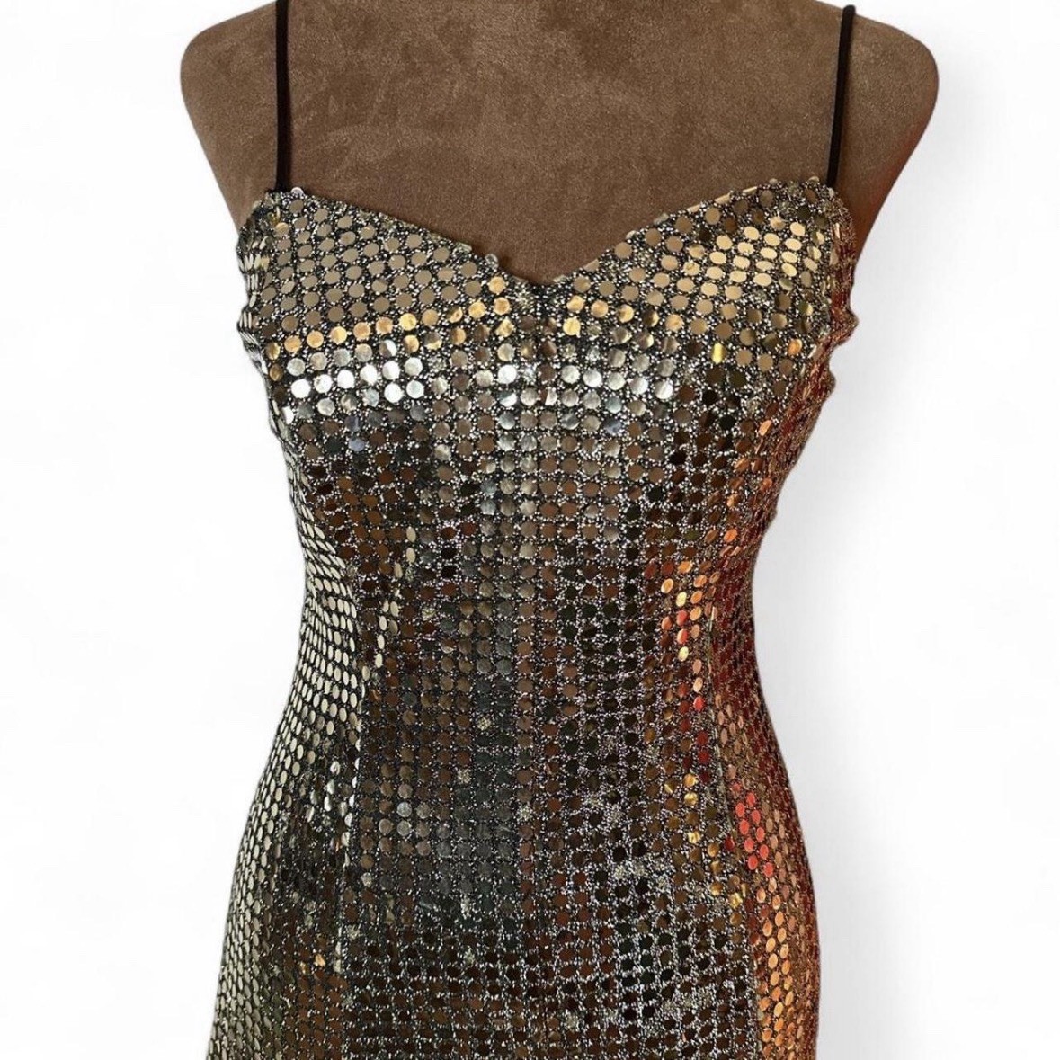 Roberta Gold Disk Sequins Flared Mini Dress 5/6 Vintage 80s 90s Party Prom Glam