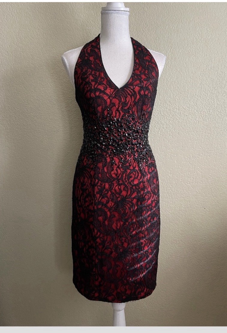 Cache Beaded Sleeveless Black Lace Over Red Cocktail Dress size 10