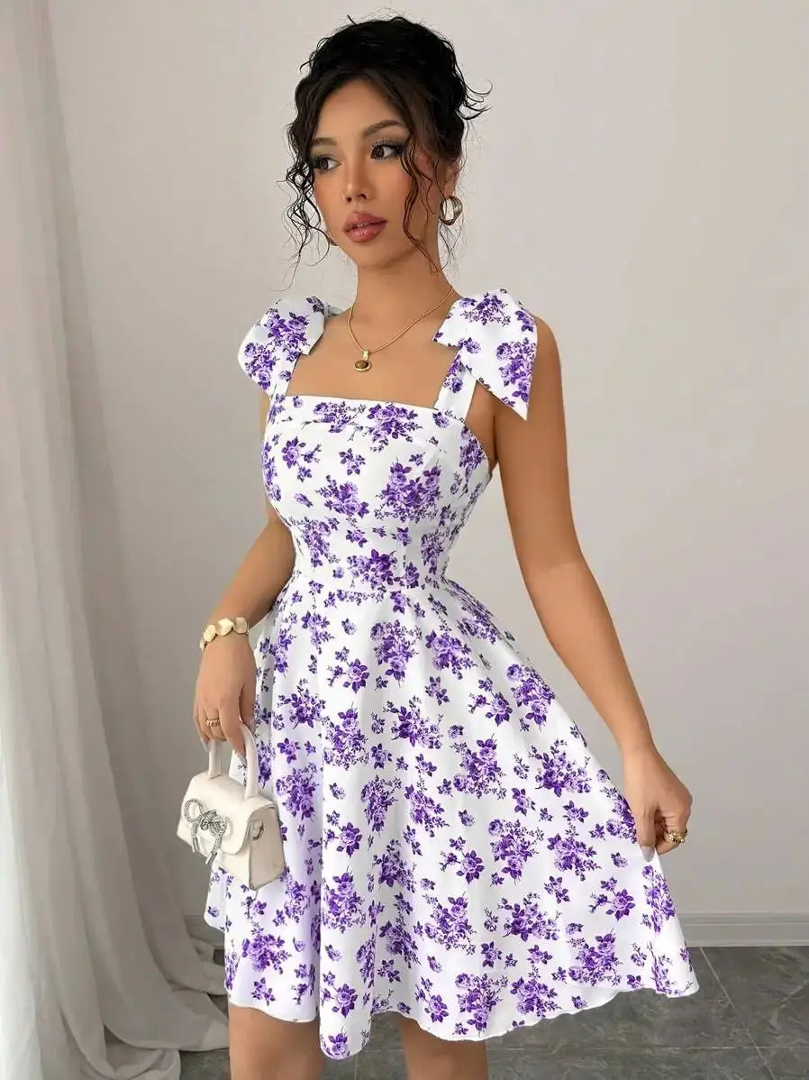 New Ditsy Floral Shoulder Tie Bow Waisted A-Line Dress，Women’s Summer Clothing