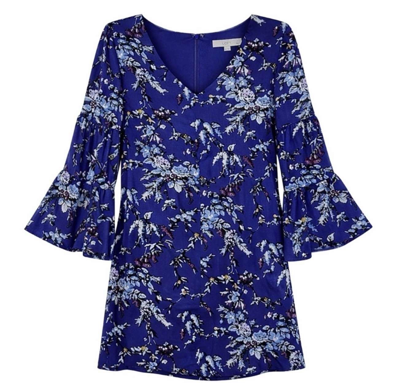 ANN TAYLOR LOFT PETITE SZ 2P Bell Sleeve V-Neck Purple Flower Dress