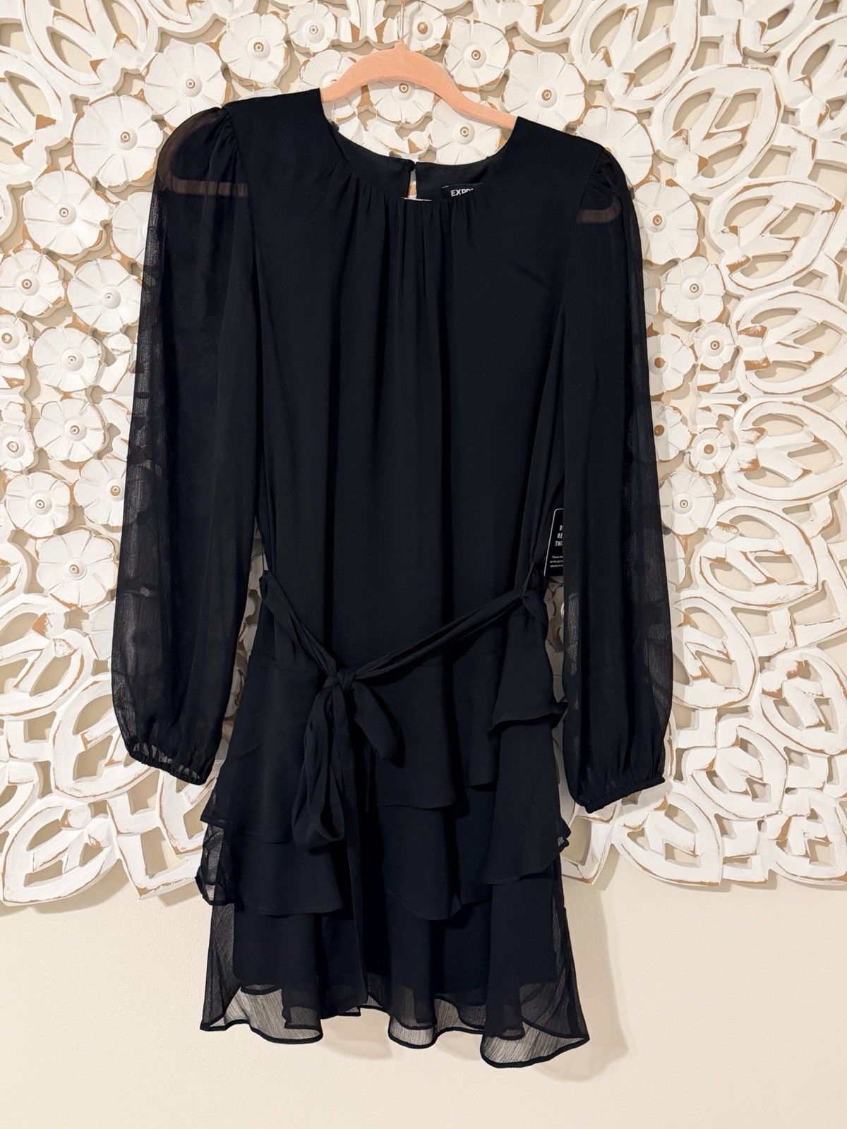 EXPRESS Black Tiered Chiffon Dress with Tie Waist Size Medium – NWT