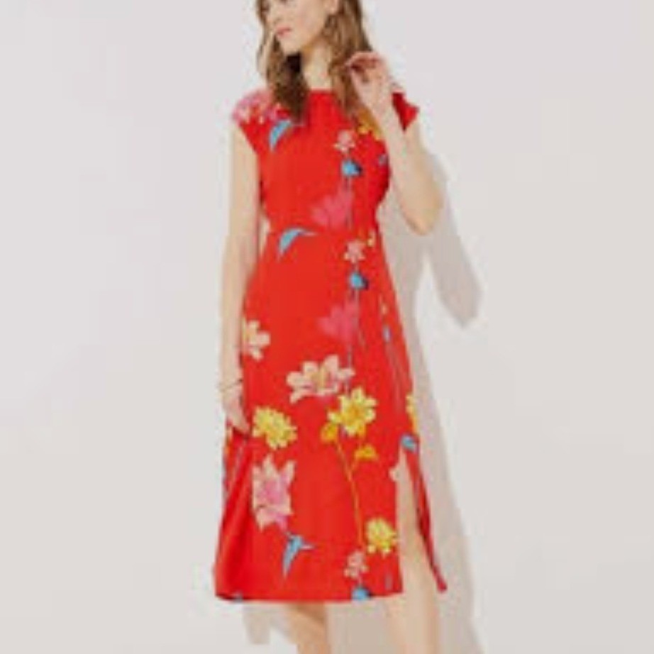 LOFT Red Floral Cap Sleeve Midi Dress Size 6 Tropical Rayon Slit Hem