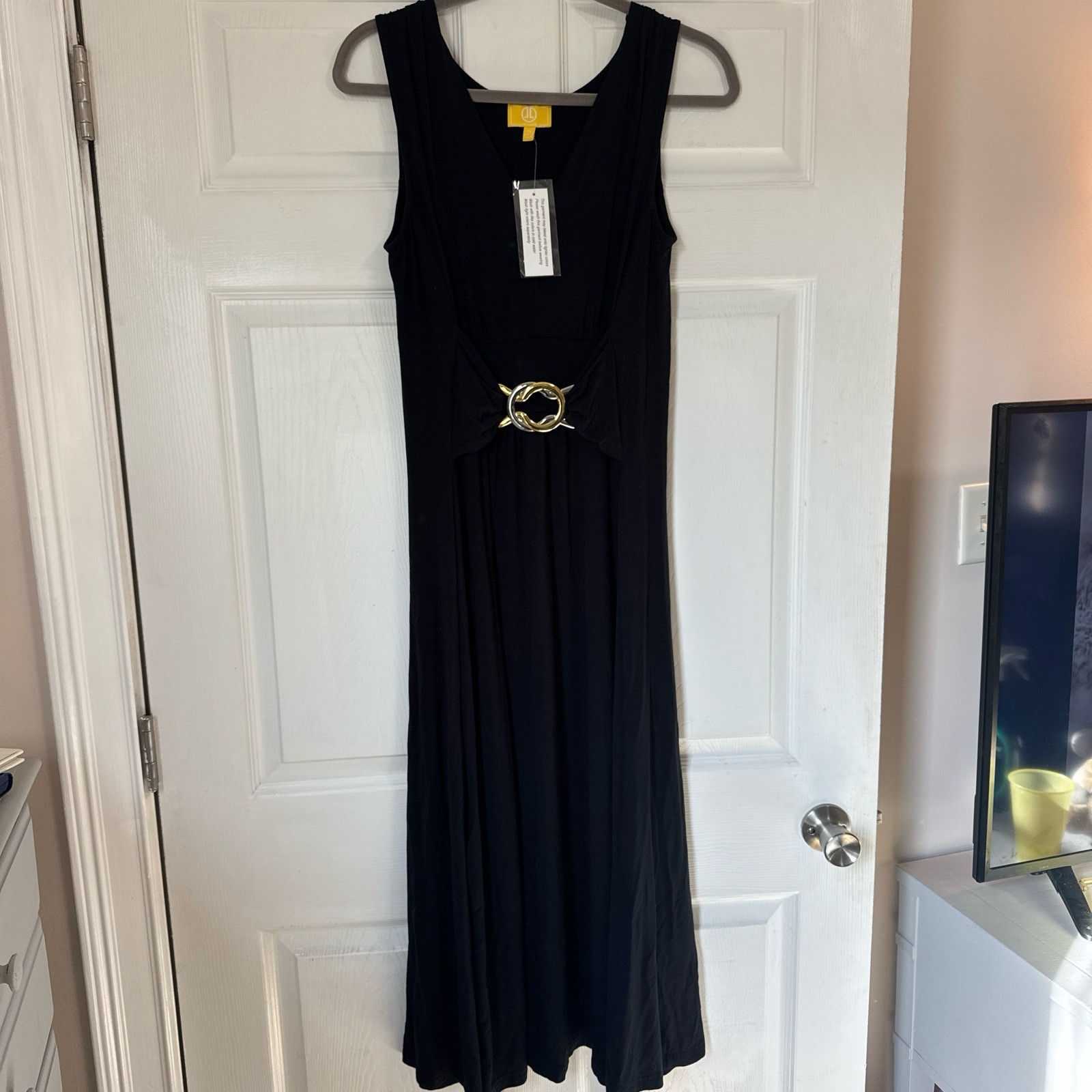 Liz Lange Petite PS Maxi Dress Black Rayon Spandex Sleeveless Buckle Accent