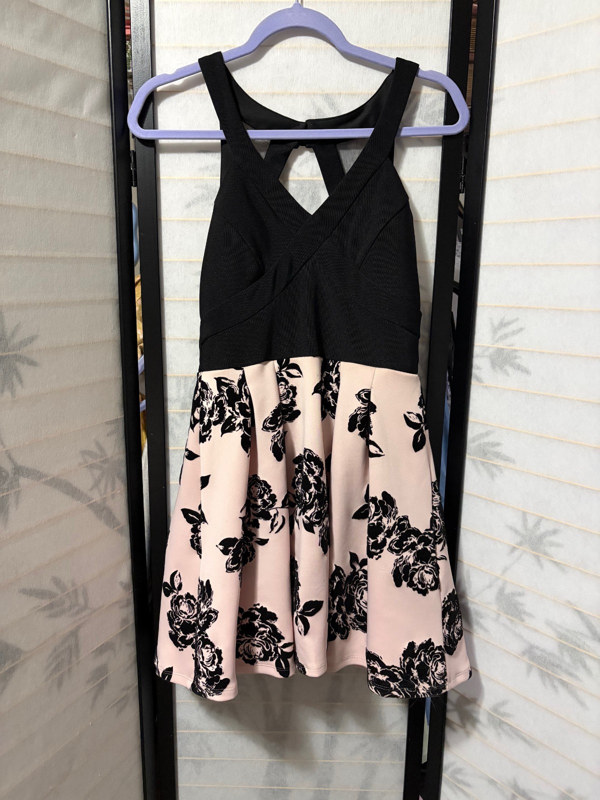 Crystal Doll Black Pink Floral Halter Dress Sz 9 Fit & Flare Party Cocktail
