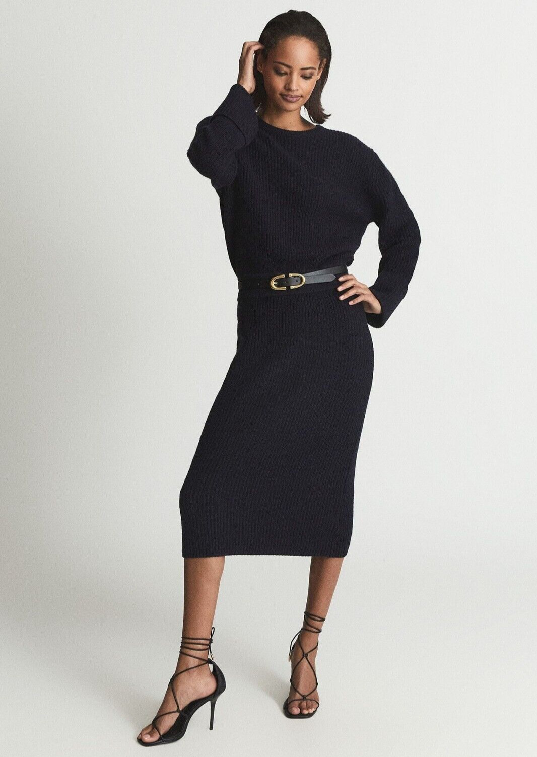 Reiss Jodie Knitted Wool Blend Midi Jumper Dress in Navy Size XS UK Size 4-6