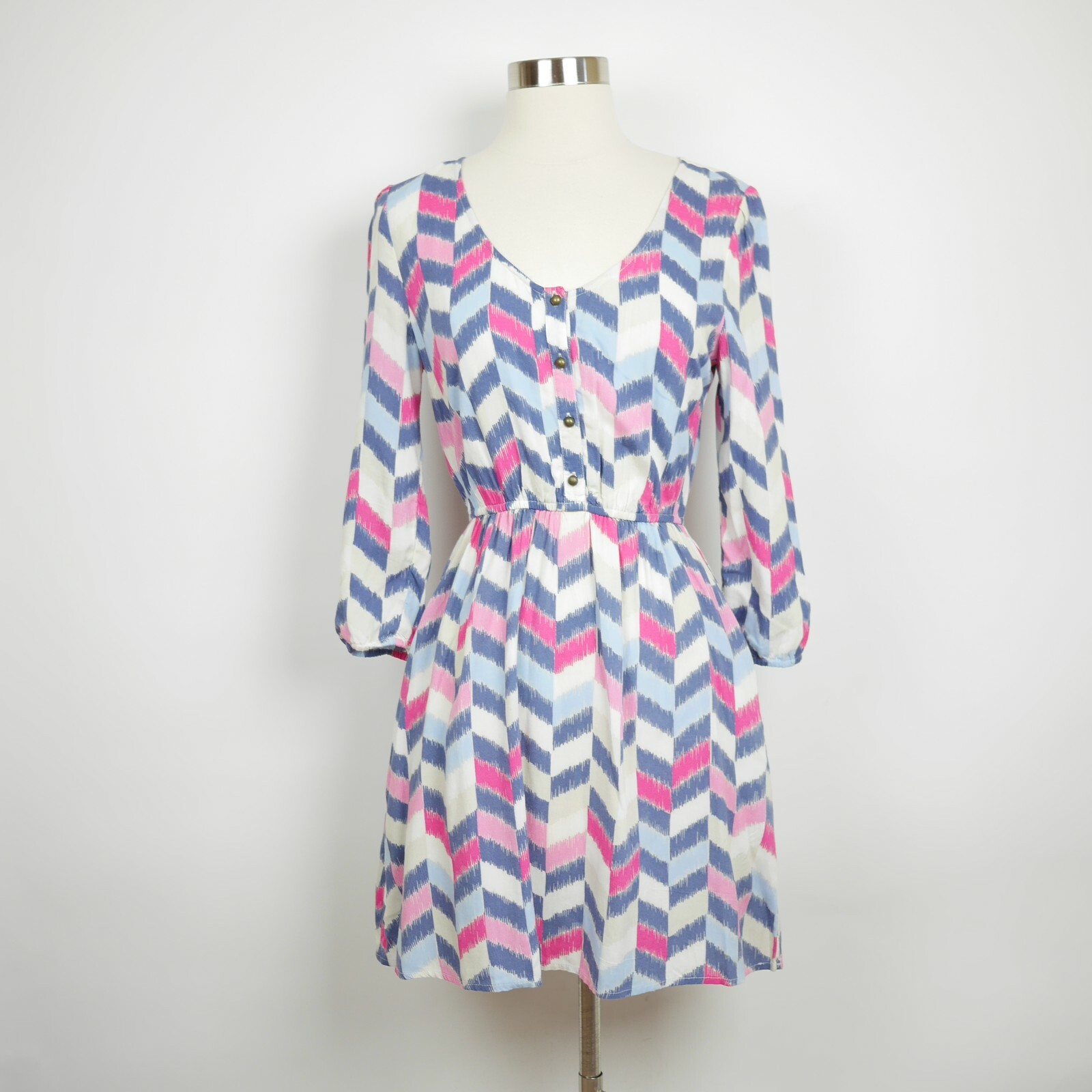RED CAMEL Women’s S – Pink & blue geometric 3/4 sleeve A-line dress knee length