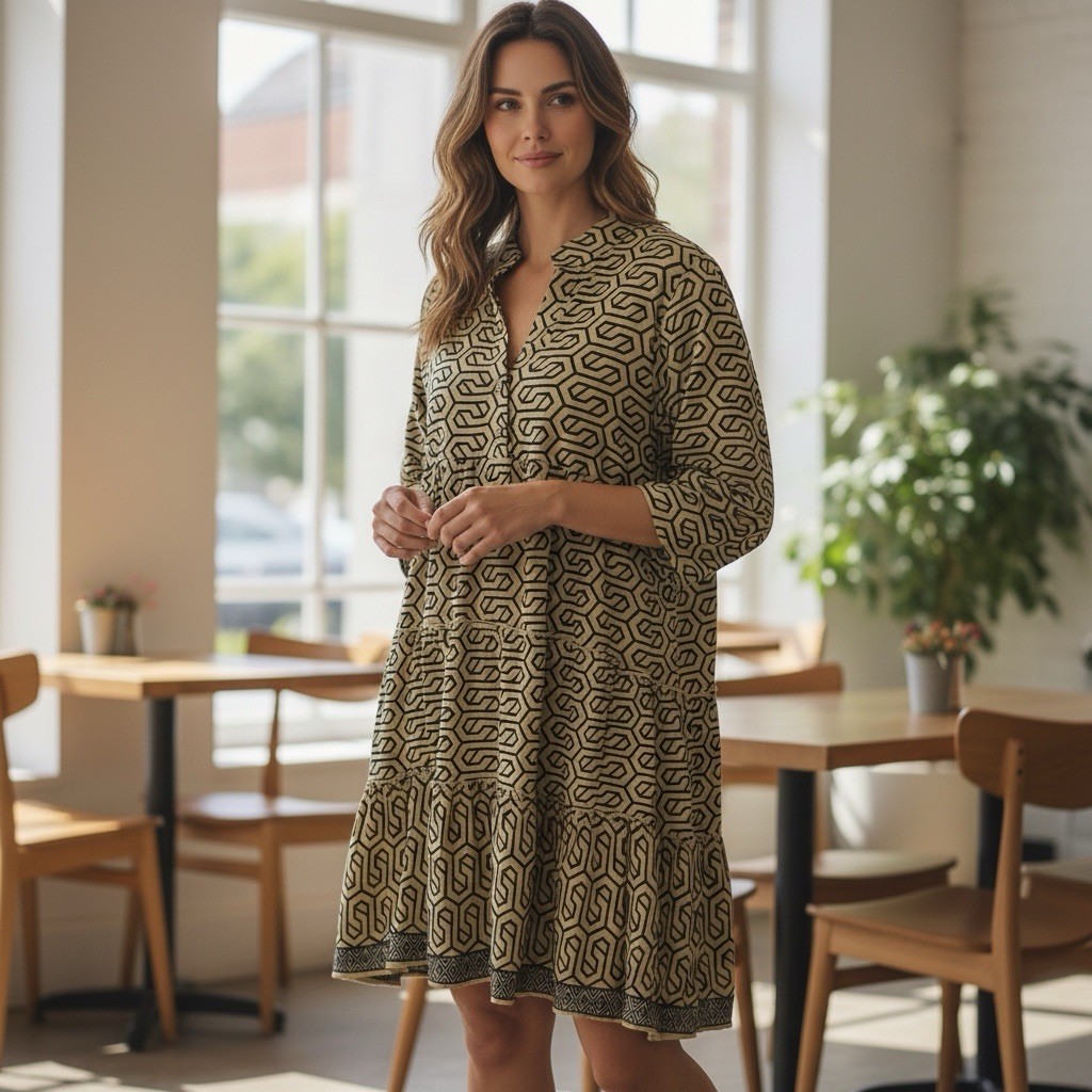Boho Style Smock Dress In Green With A Black Geometric Pattern Size 12