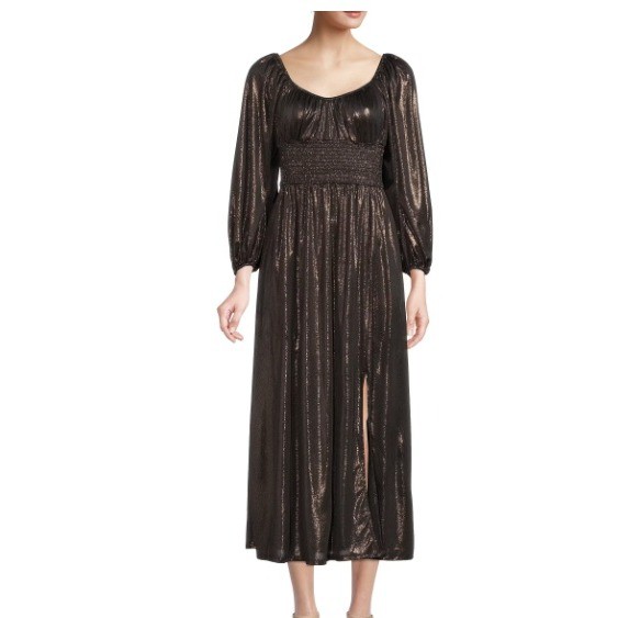 NSR Women Metallic Black Gold Smocked Waist Balloon Sleeve Maxi Dress CD13880A S
