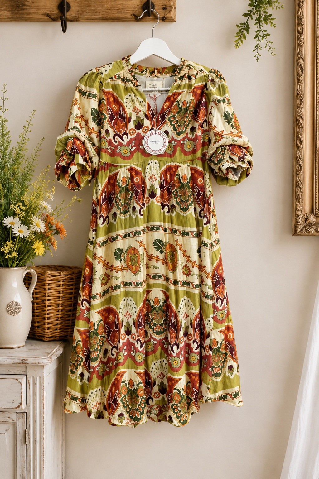 Umgee Green Floral Ruffle V-Neck Puff 3/4 Sleeve A-Line Midi Dress S