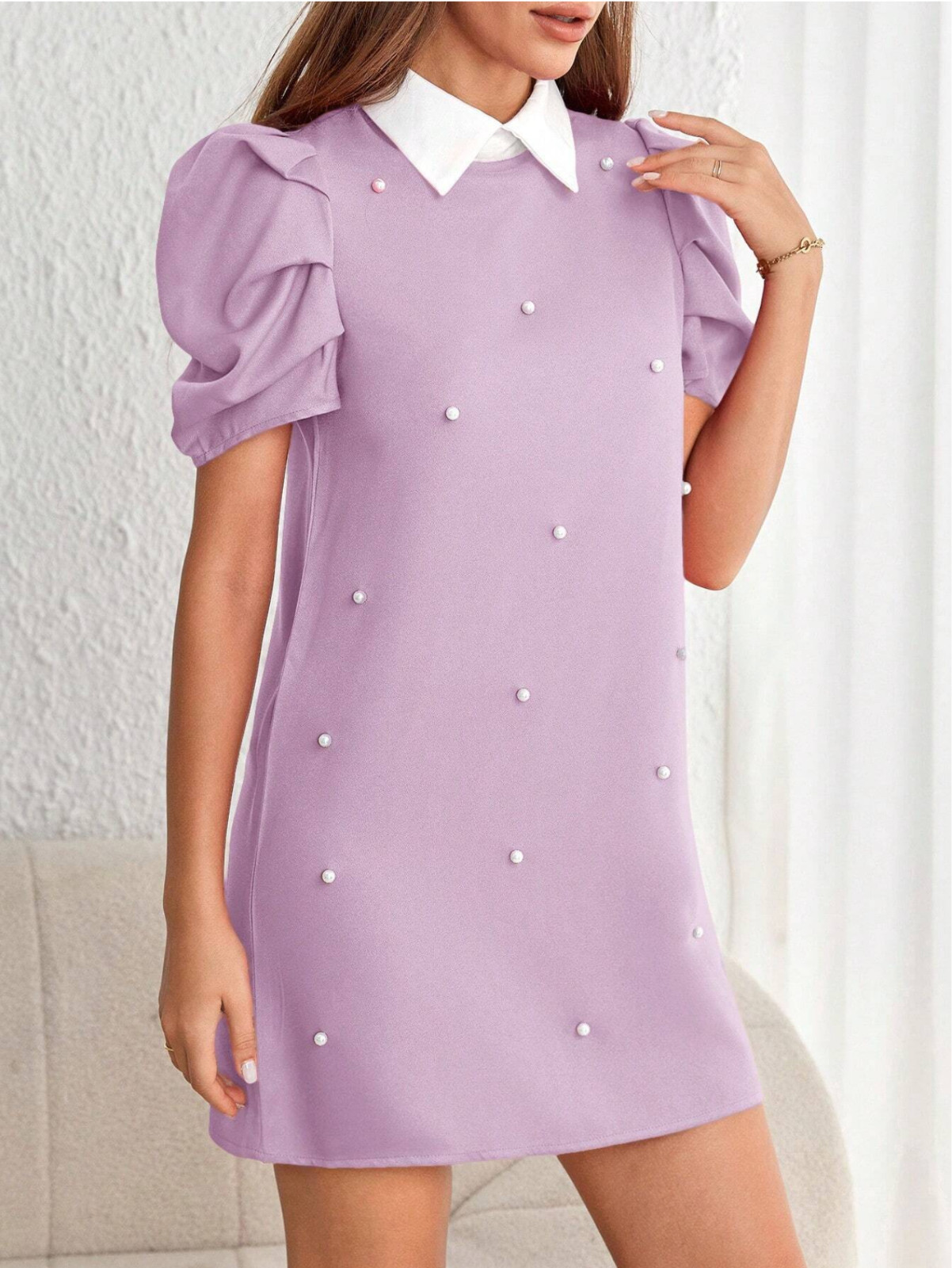 Purple Privé Pearls Beaded Puff Sleeve Dress Sz XS S M L XL