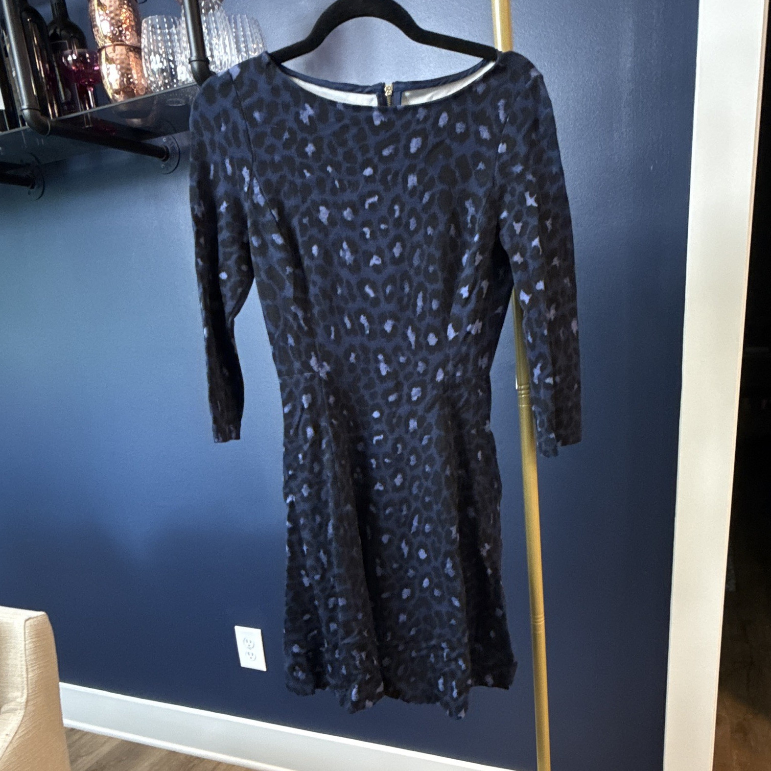kate spade new york 2 Blue Black Leopard Fit & Flare Dress Round Neck Zip