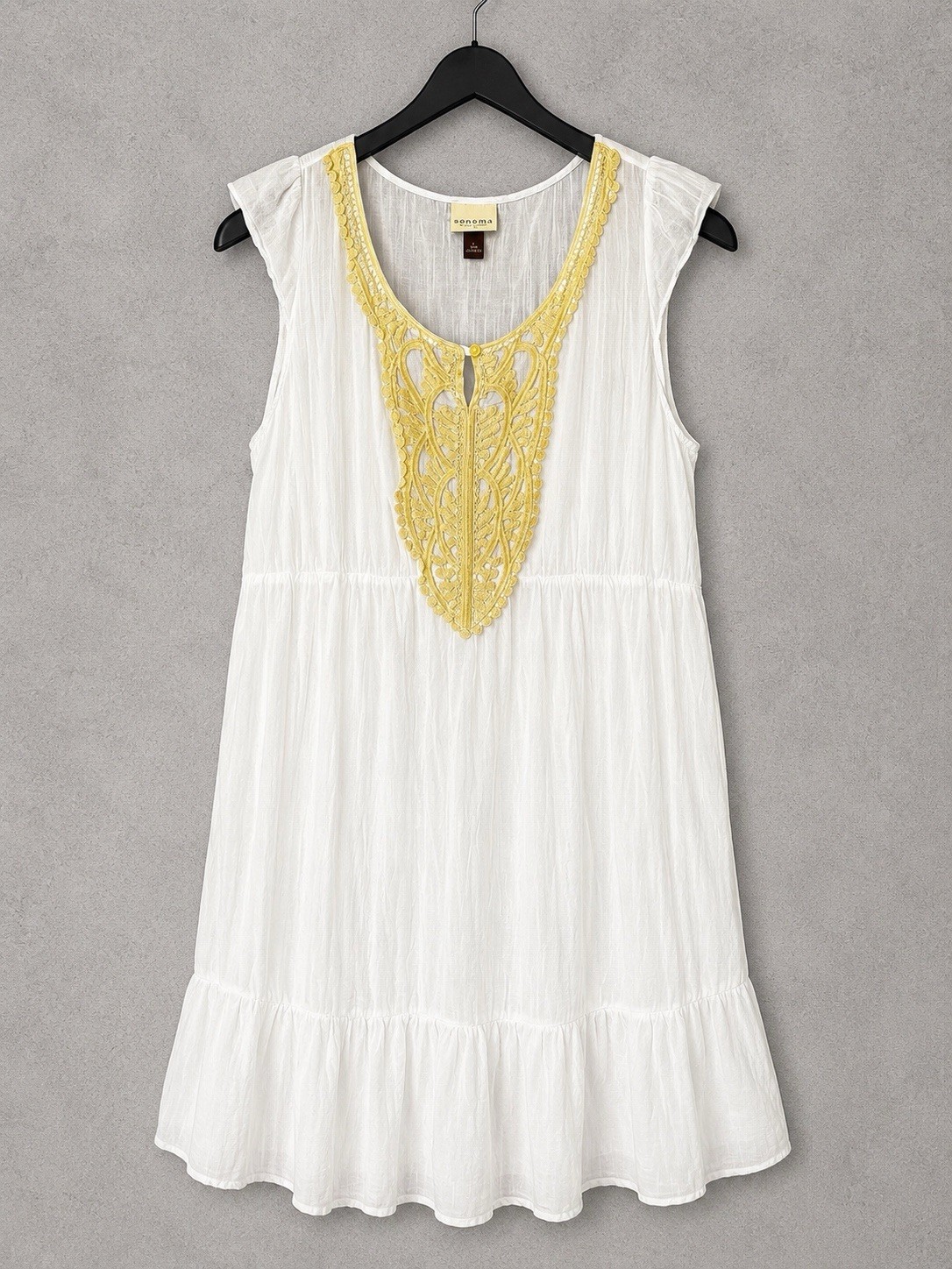 Sonoma White Cotton Gauze Boho Dress XL Yellow Embroidered Sleeveless Beach