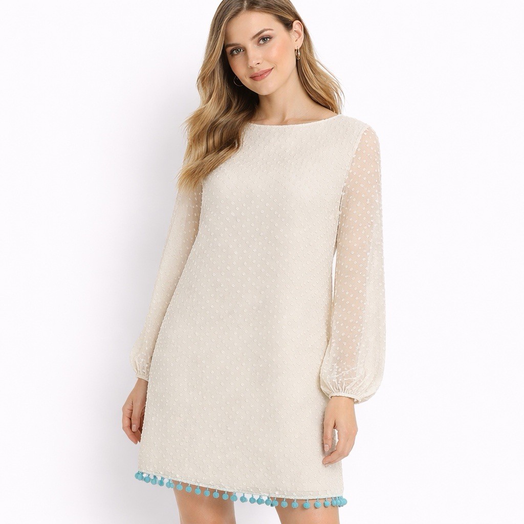 STS Sail to Sable Swiss Dot Shift Dress Sheer Sleeve Pom Trim Size S
