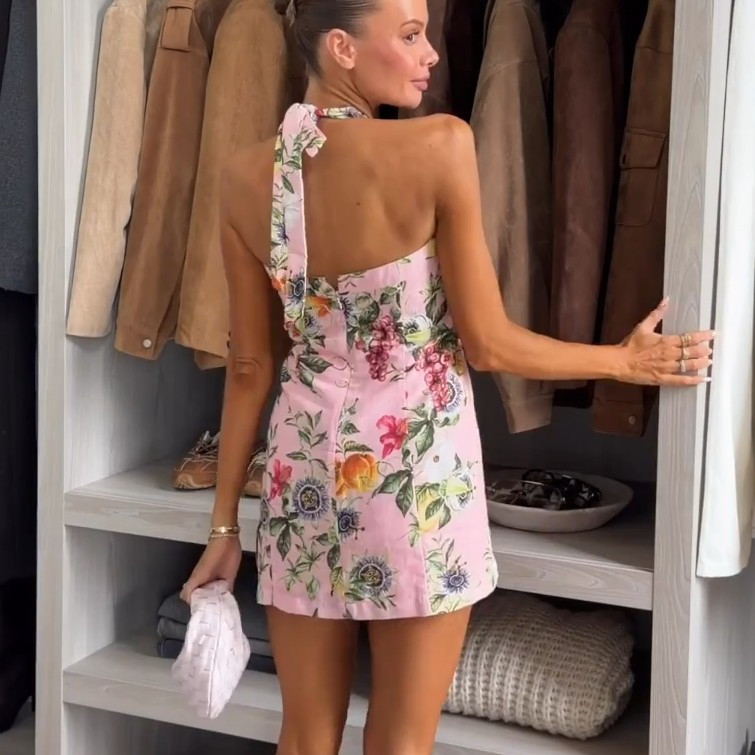 NWT H&M Halterneck Mini Dress Light Pink/Floral/Fruits 1334454001 XS, S, M, L