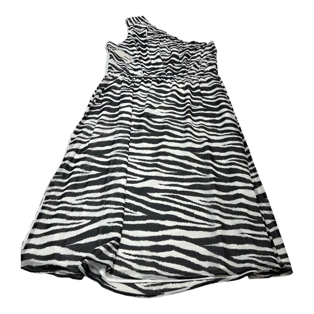 Worthington Dress One Shoulder Black Zebra Print Chiffon Midi Size XL Event