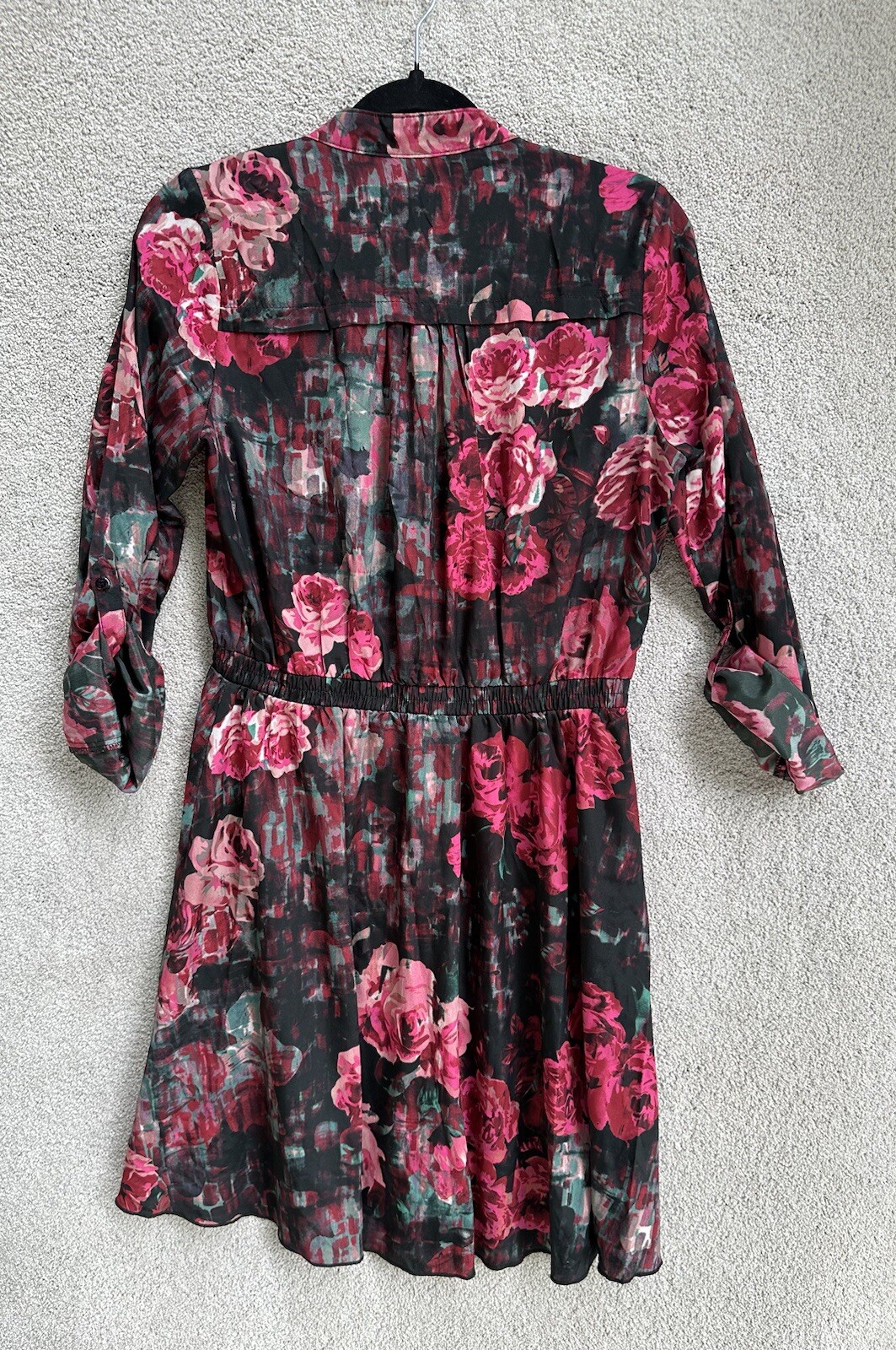 R&B Dress Womens Large Red Multicolor Floral Roll Tab Sleeve Button