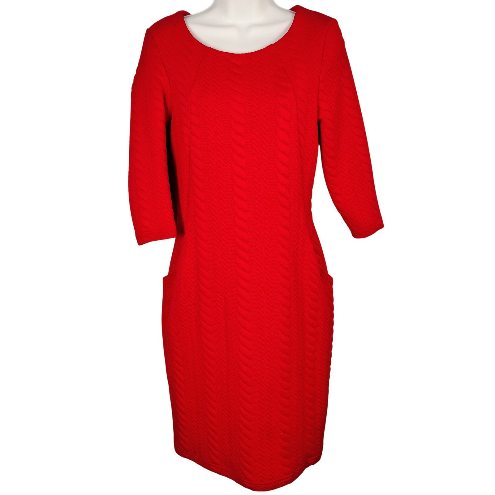 Sharagano Red Textured Cable Knit Sheath Dress 3/4 Sleeve Pockets Size 4