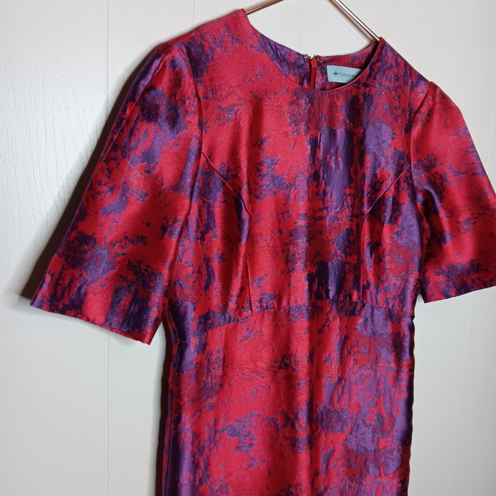 Tuckernuck Baldwin Midi Dress L Red Purple Jacquard Wedding Guest Office Chic