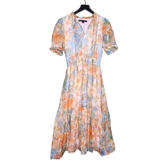Cynthia Steffe Pastel Floral Midi Dress Split Neck Puff Sleeve Peach Blue M