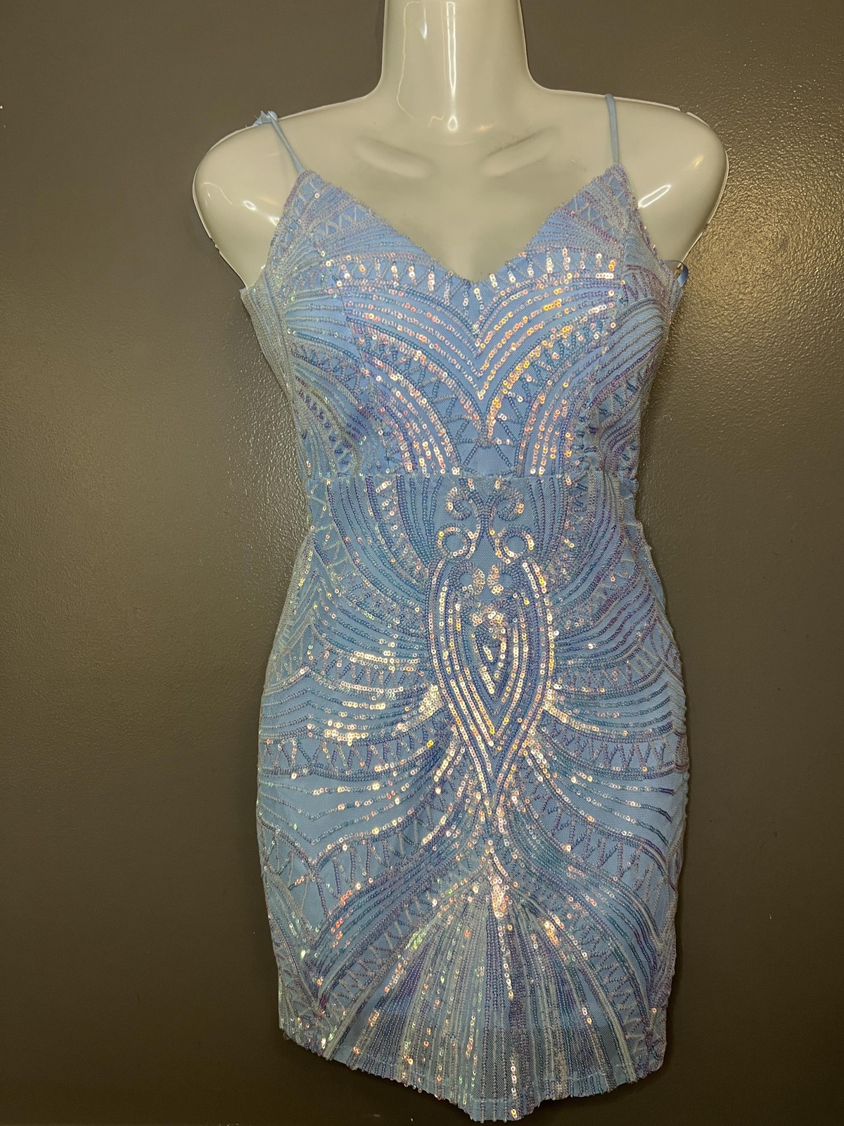 Windsor Dress Womens XS Light Blue Sequin Bodycon Mini Spaghetti Strap V Neck