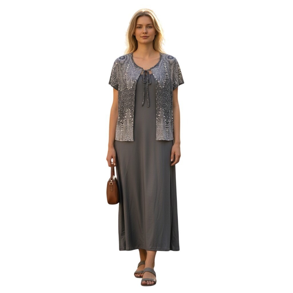 Modest Dress Set Women Medium Gray Boho Geometric Cardigan Church Work Layer