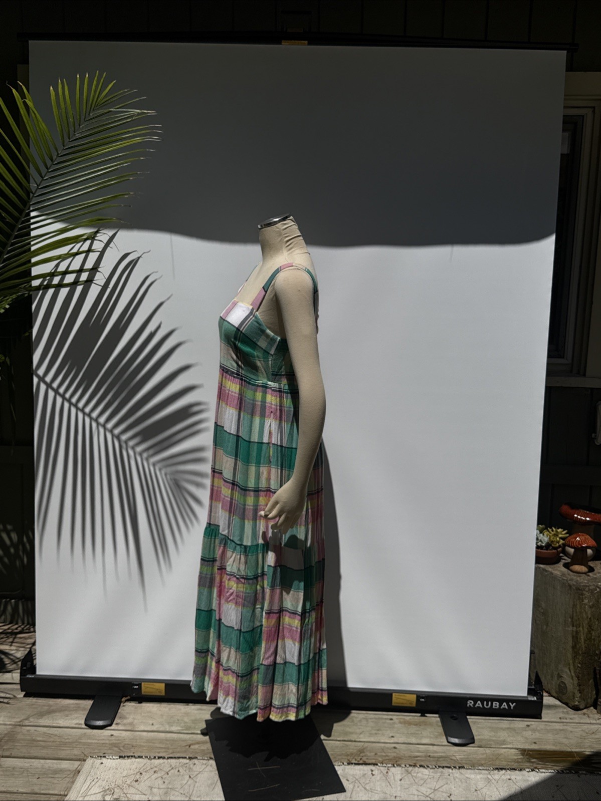 Ann Taylor LOFT Dress Women XXS Pink Green Plaid Tiered Sleeveless A Line Maxi