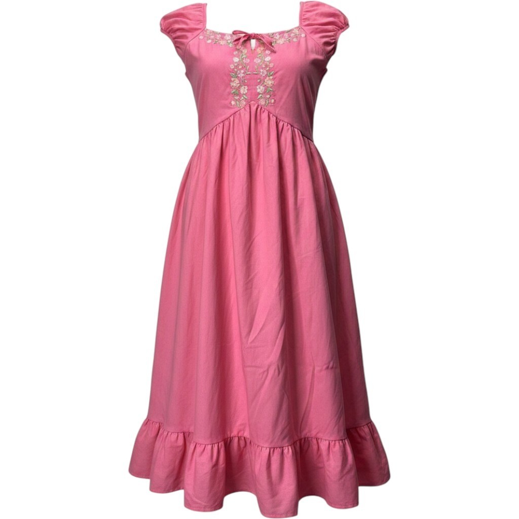 Blueberi Boulevard Pink Floral Embroidered Midi Dress Smocked Back Ruffle Hem L