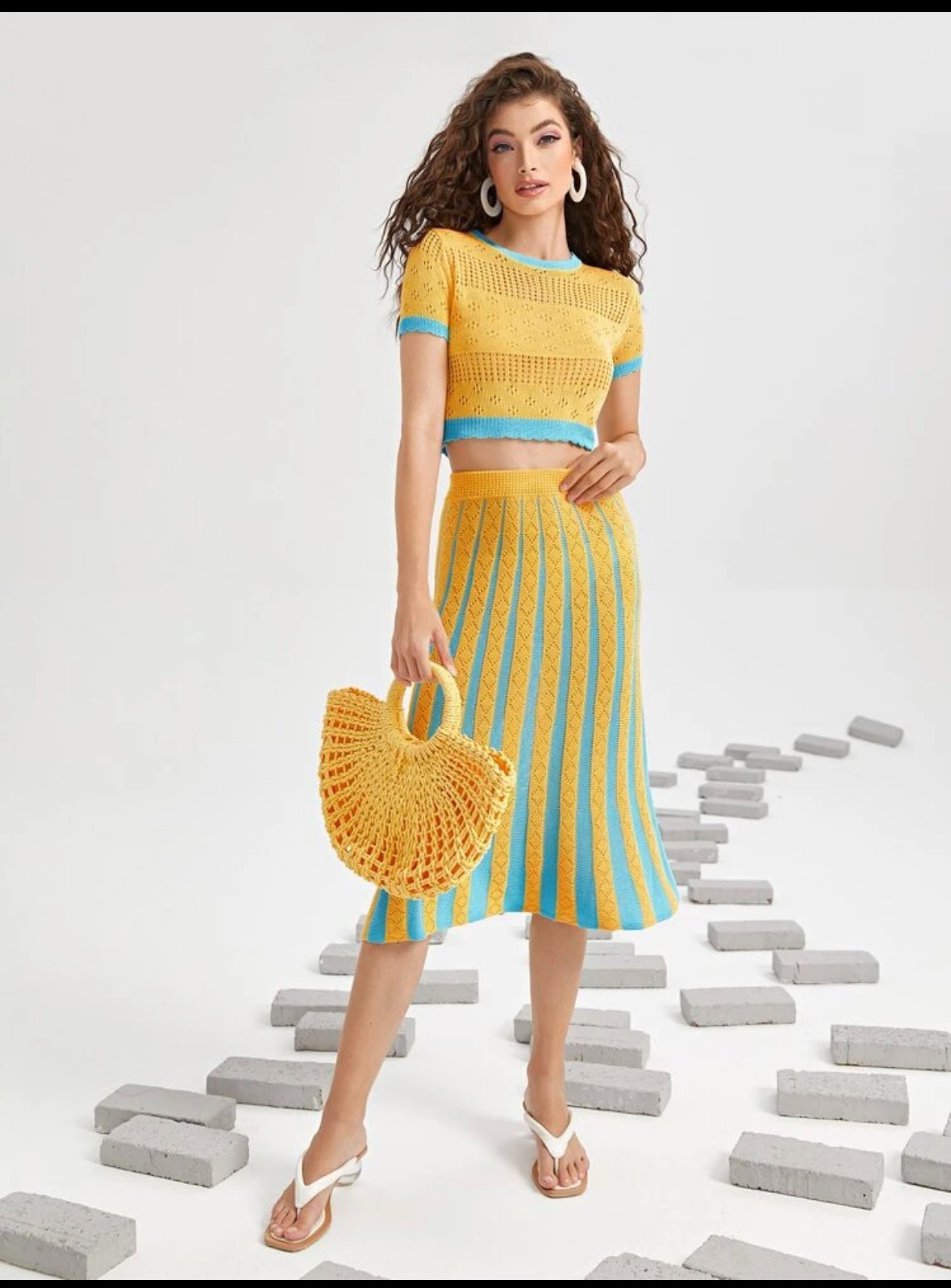 Women’s Summer Knit Co-Ord Set Yellow Blue Crop Top & Striped Midi Skirt Size M