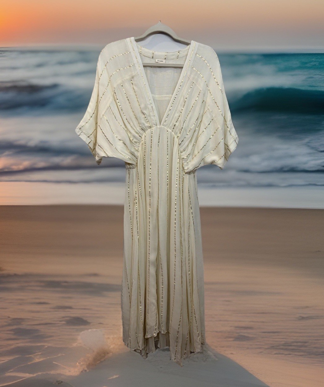 En Crème Sabrina Lurex Kimono Maxi Dress Cream Gold Stripes Asymmetrical Hem L