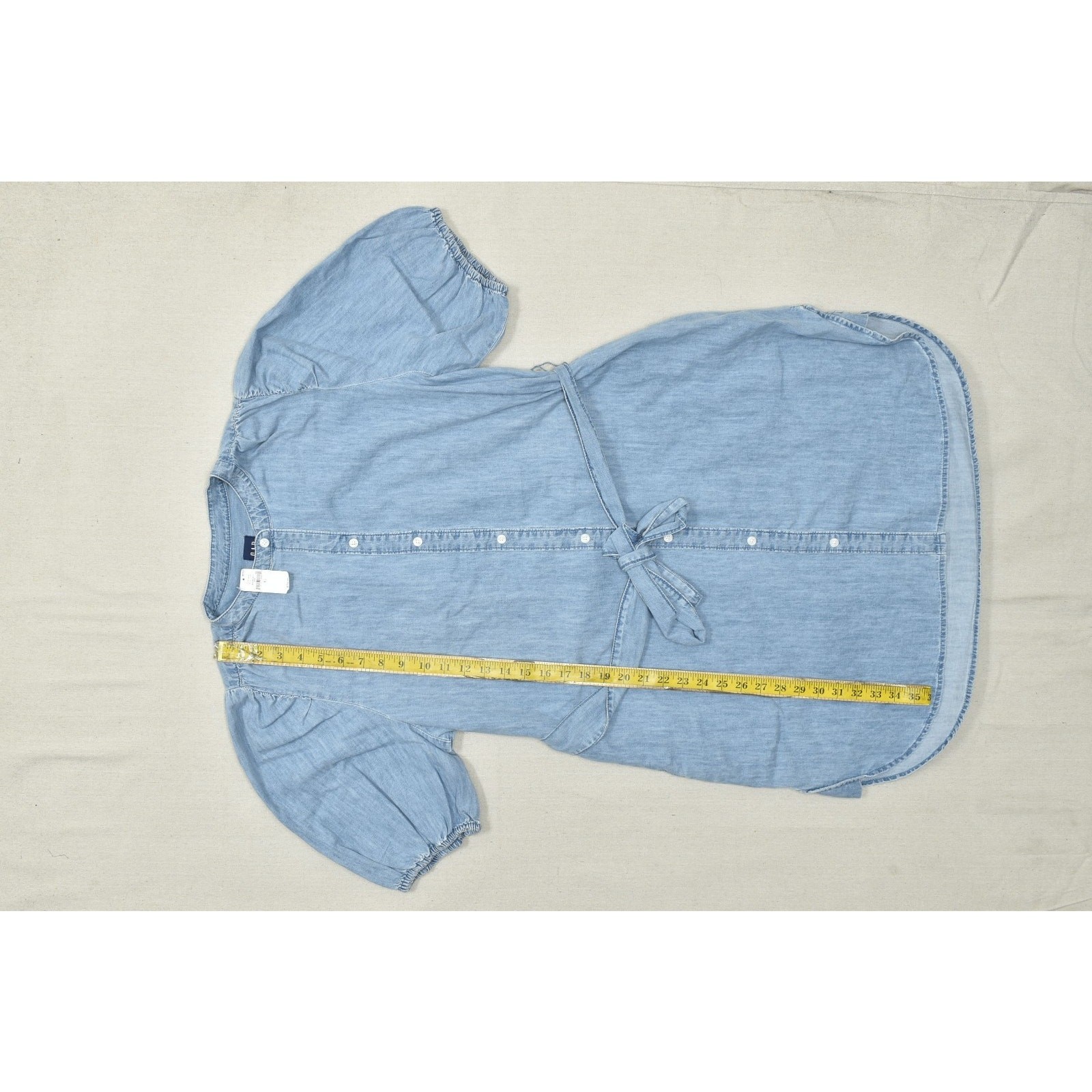 GAP Women Light Wash Chambray Denim Tie-Waist Shirtdress Puffy Sleeves XL NEW