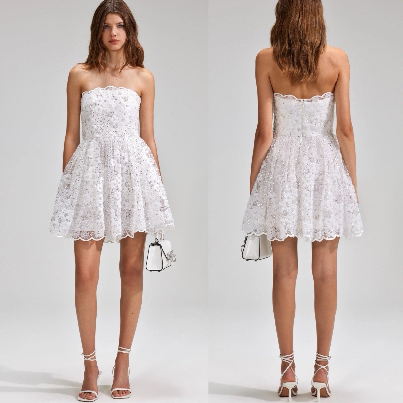 Self Portrait White Beaded 3D Floral Sequin Bandeau Bridal Mini Dress 8 NWT $655