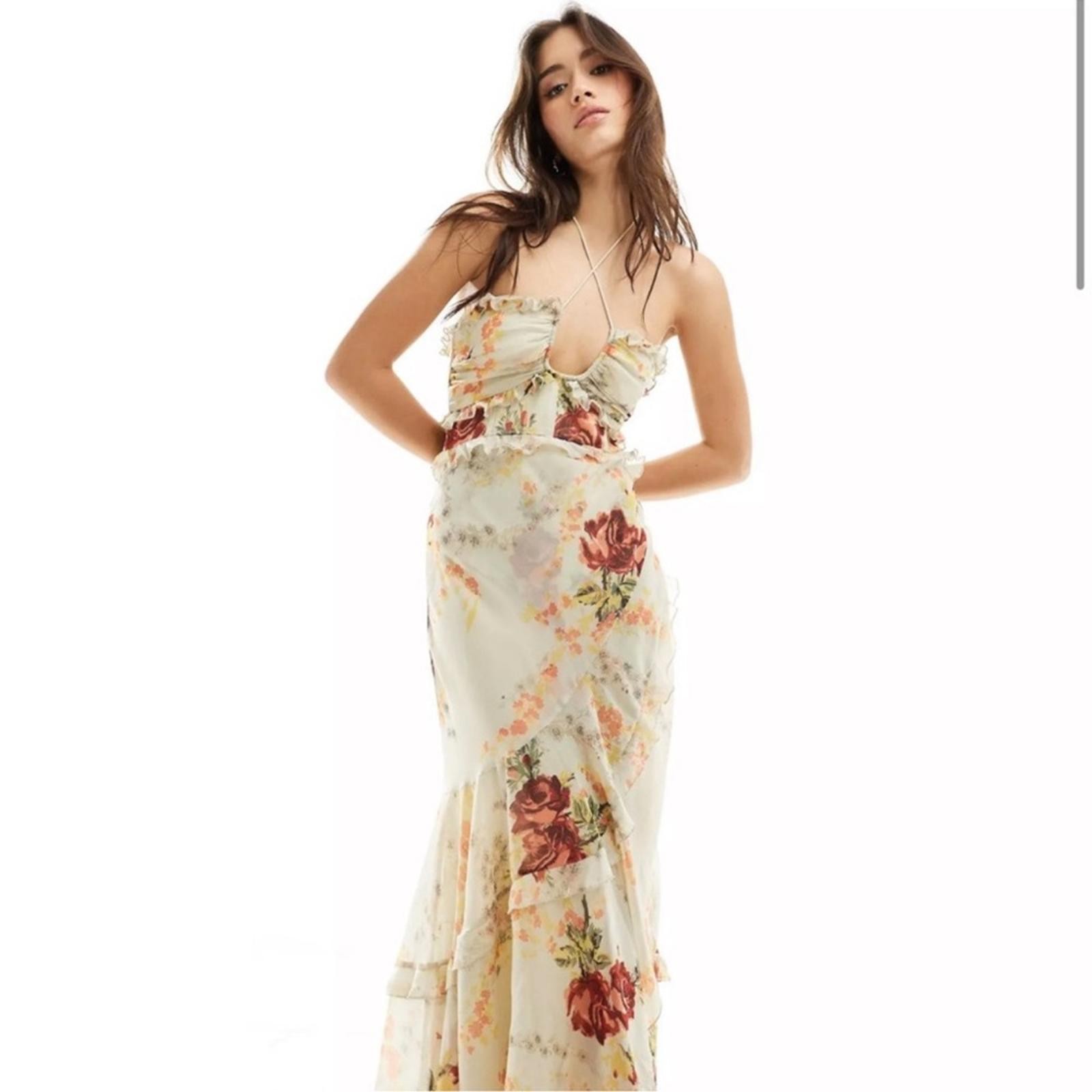 ASOS Women’s Halter Ruffle Floral Maxi Dress Size 12 Cream NWOT