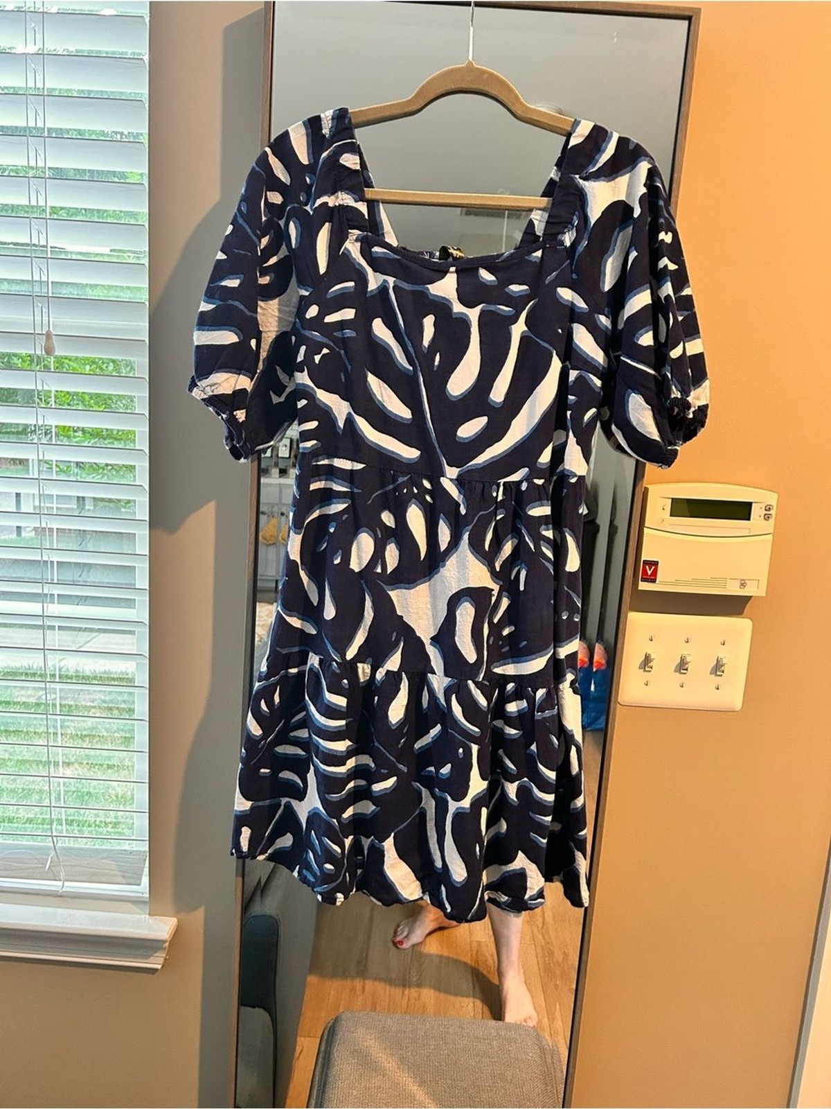 Mlle Gabrielle Navy and White Abstract Tiered Mini Dress 100% Cotton