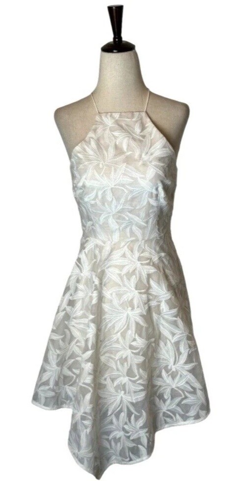 Keepsake Dress Women XS Ivory White Floral Lace Halter Neck Asymmetric Hem Mini