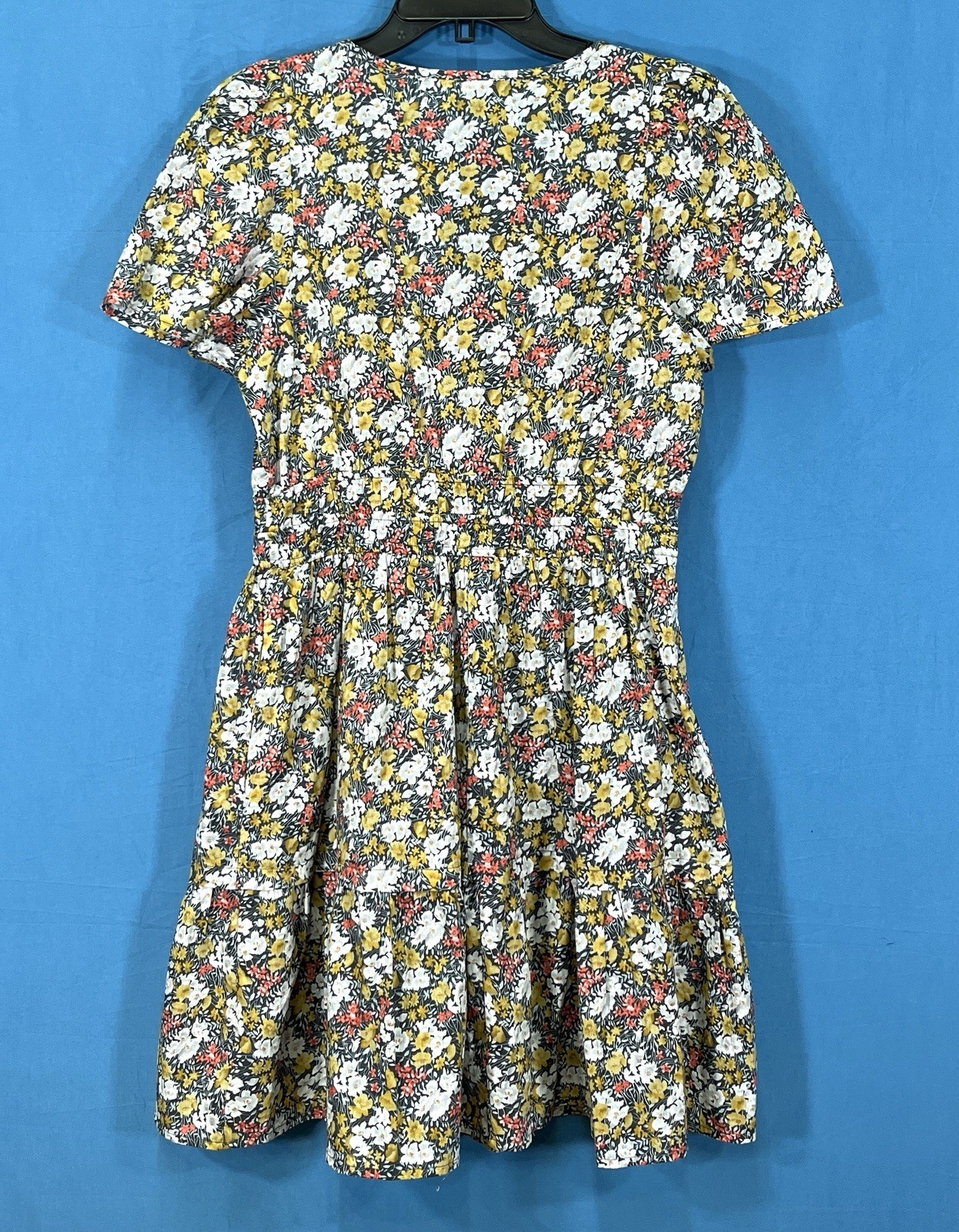 ENTRO Colorful FLORAL Twill HOOK/EYE Deep-V STRETCH WAIST Blouson A-Line Dress M